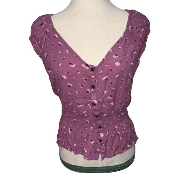 Moral Fiber Mauve Floral Short Sleeve V Neck Button Down Peplum Blouse size L - Picture 2 of 11